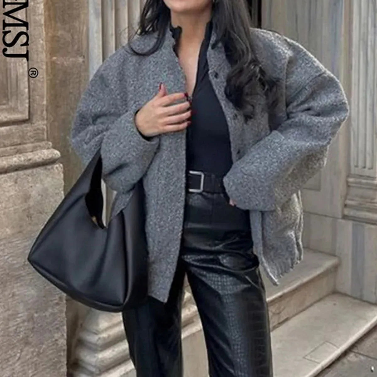 New Pockets Grey Front Zipper Cropped Lapel Coat