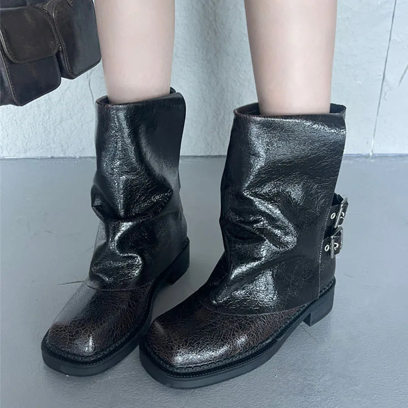 New Square Toe Buckled Slip on Modern Winter Ankle Boot