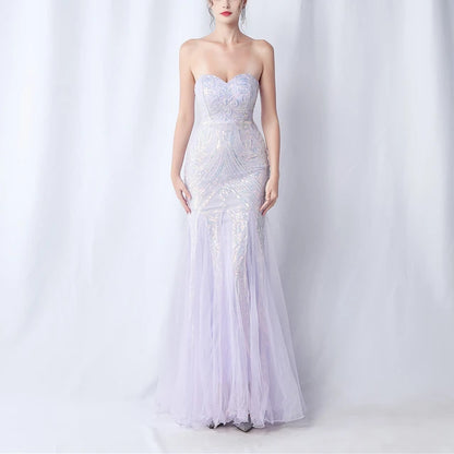 New High Waist Slim Fishtail Party Long Dresses Woman Tube Top Sleeveless Backless Sequined Evening Dress