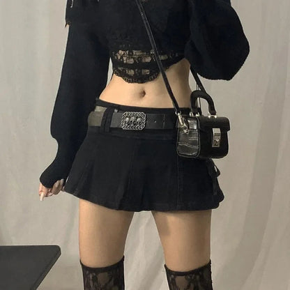 Goth Pastel Micro Mini Low Rise Black Pocket Patchwork A-line Skirt