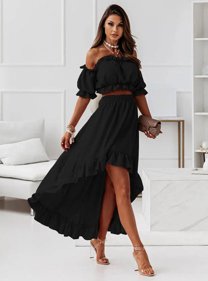 Dressbetty - Summer Ruffles Off Shoulder Irregular Long Skirt