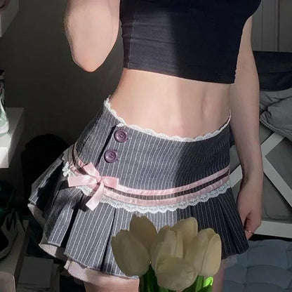 Dressbetty - Lace Splice Bow Bandage Folds Skirt