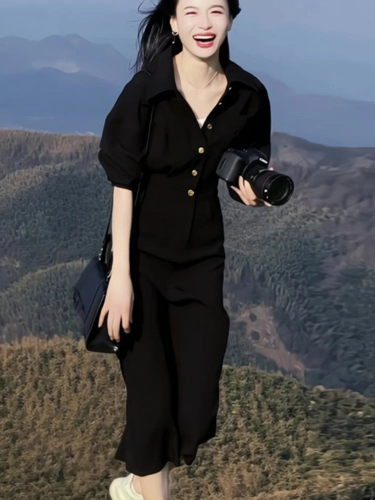 New Spring Summer Midi Dress Short Sleeve Office Lady Vestidos Split Korean Clothing