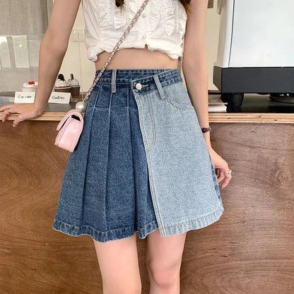 Denim Contrast Color Patchwork A-line Mini Skirt