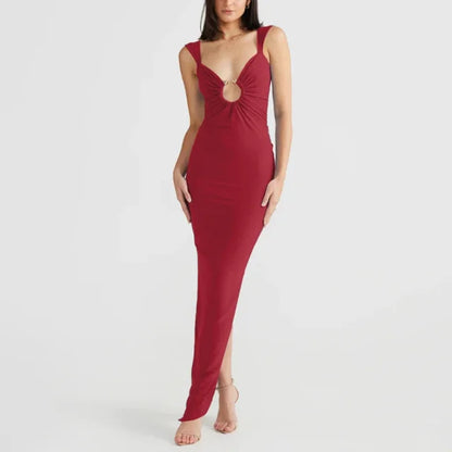 New V-neck Hollow Long Dress High Waist Backless Sleeveless Party Dresses Irregular Slit Evening Dress