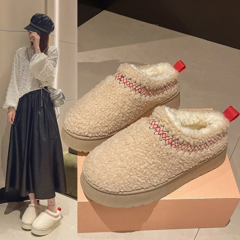 New Warm Fur Ankle Boots Flats Platform Slippers Plush Flip Flops Winter Cotton Shoes for Brand Design Snow Botas