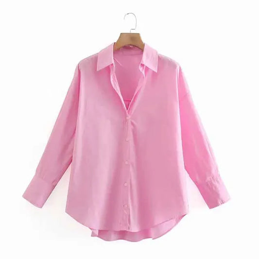 New Simply Candy Color Single Breasted Poplin Shirts Office Lady Long Sleeve Blouse Chemise Tops