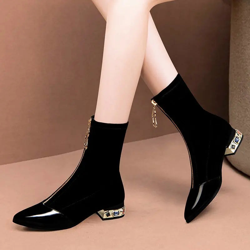 New Crystal Pointy Rhinestone Black Ankle Boot