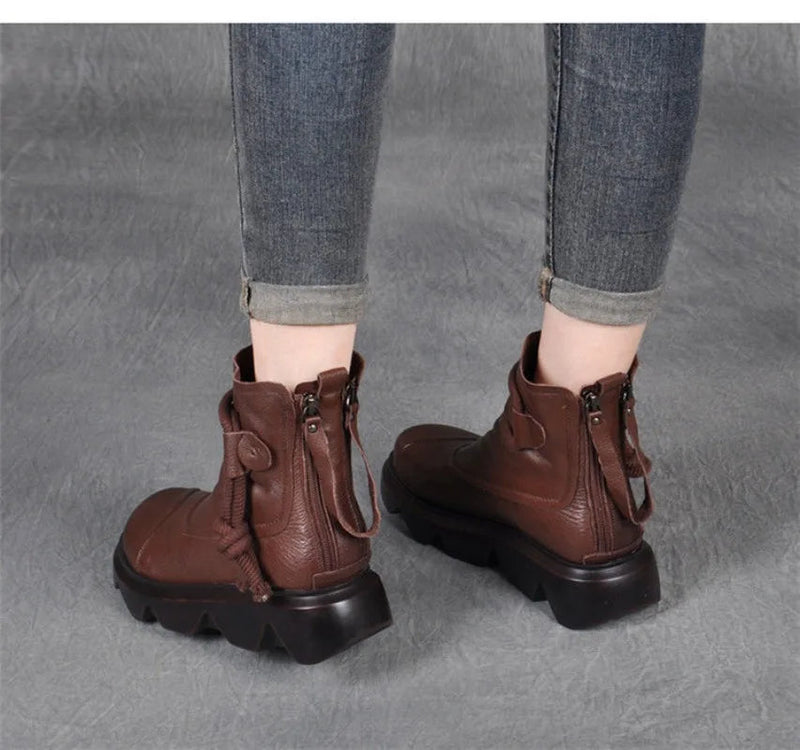 High Top Leather Cowboy Round Toe Lace Up Platform Ankle Boot