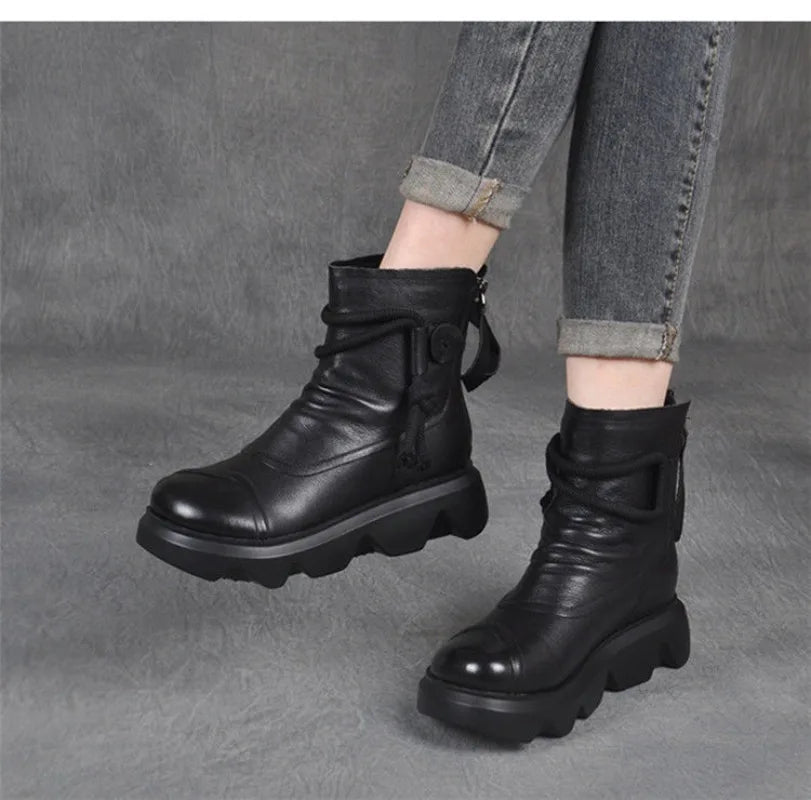 High Top Leather Cowboy Round Toe Lace Up Platform Ankle Boot