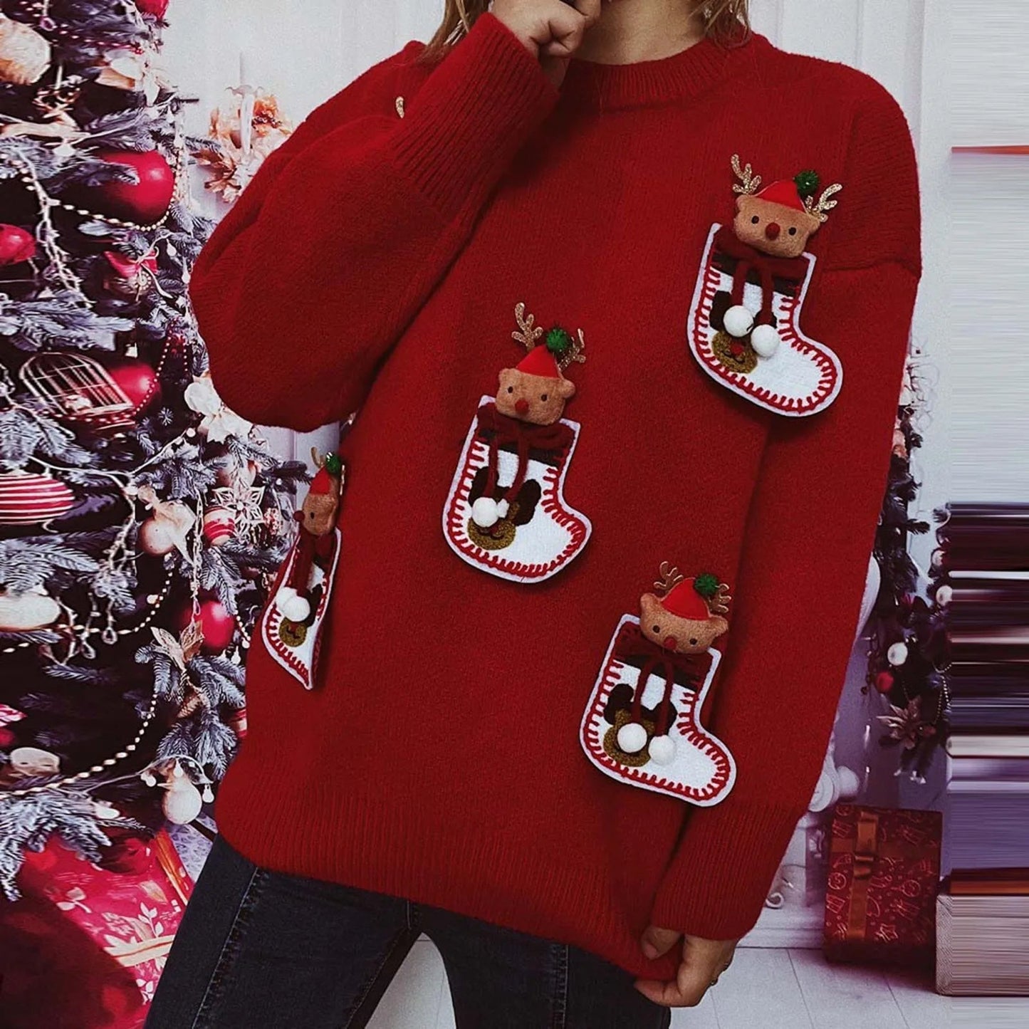 Elk 3d Decoration Christmas Sweater - Long Sleeve Knit Pullover
