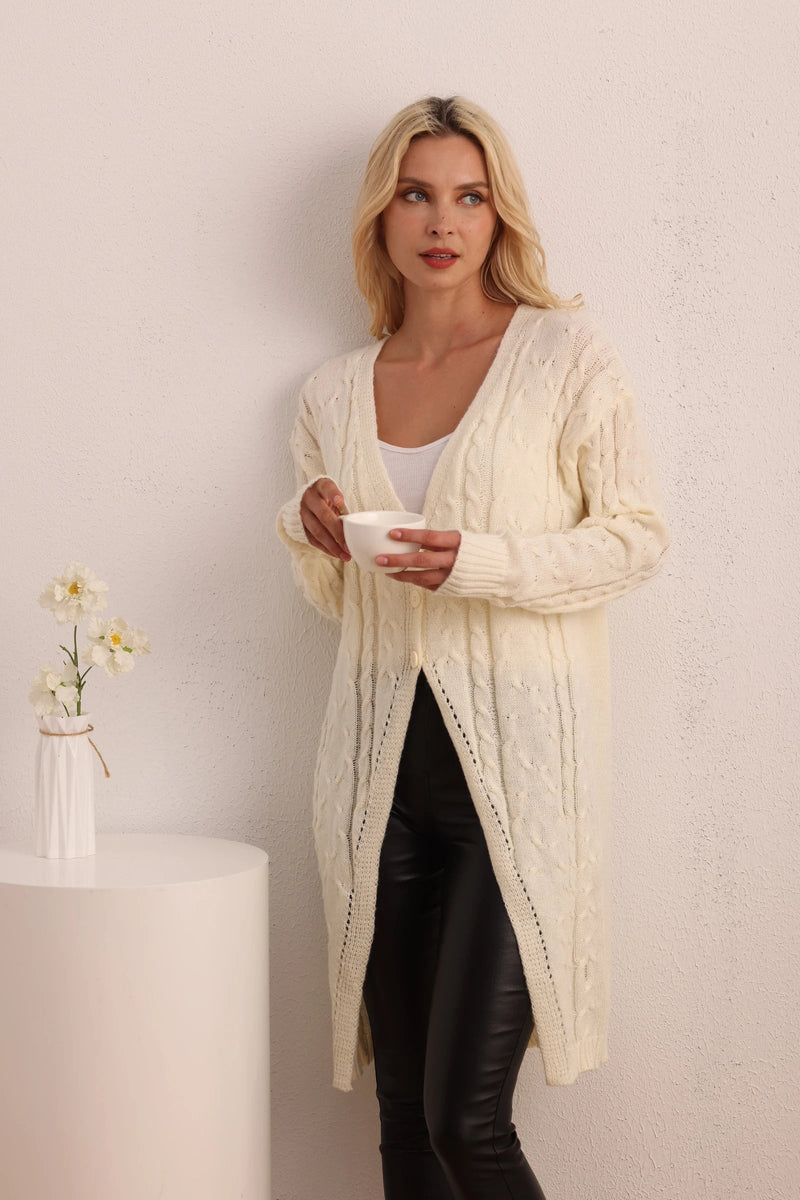 New Long Knitted Long-sleeved Twist Button Cardigan