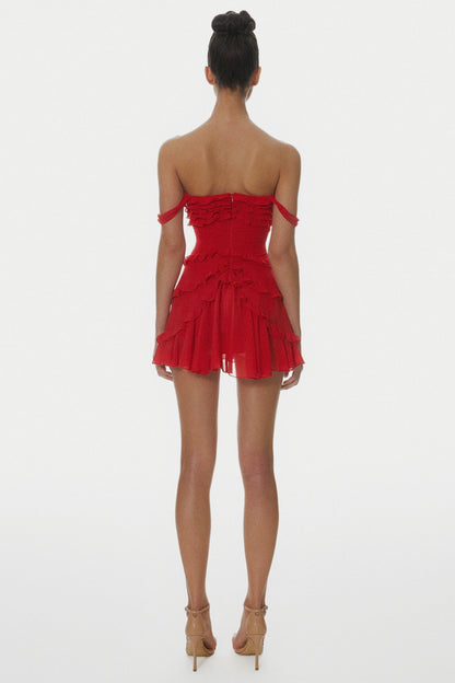 Nirva Off Shoulder Ruffle Mini Dress - Wine