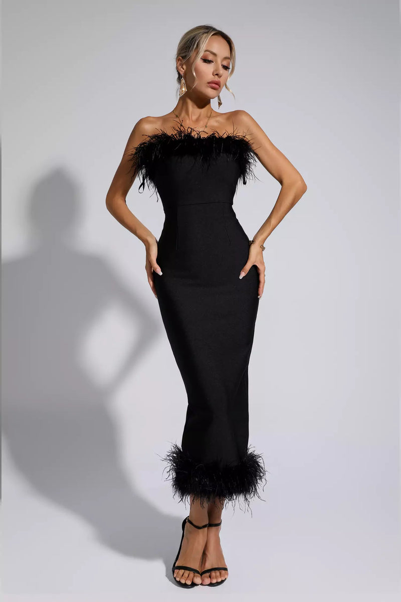 Noelle Black Feather Off-shoulder Maxi Dress