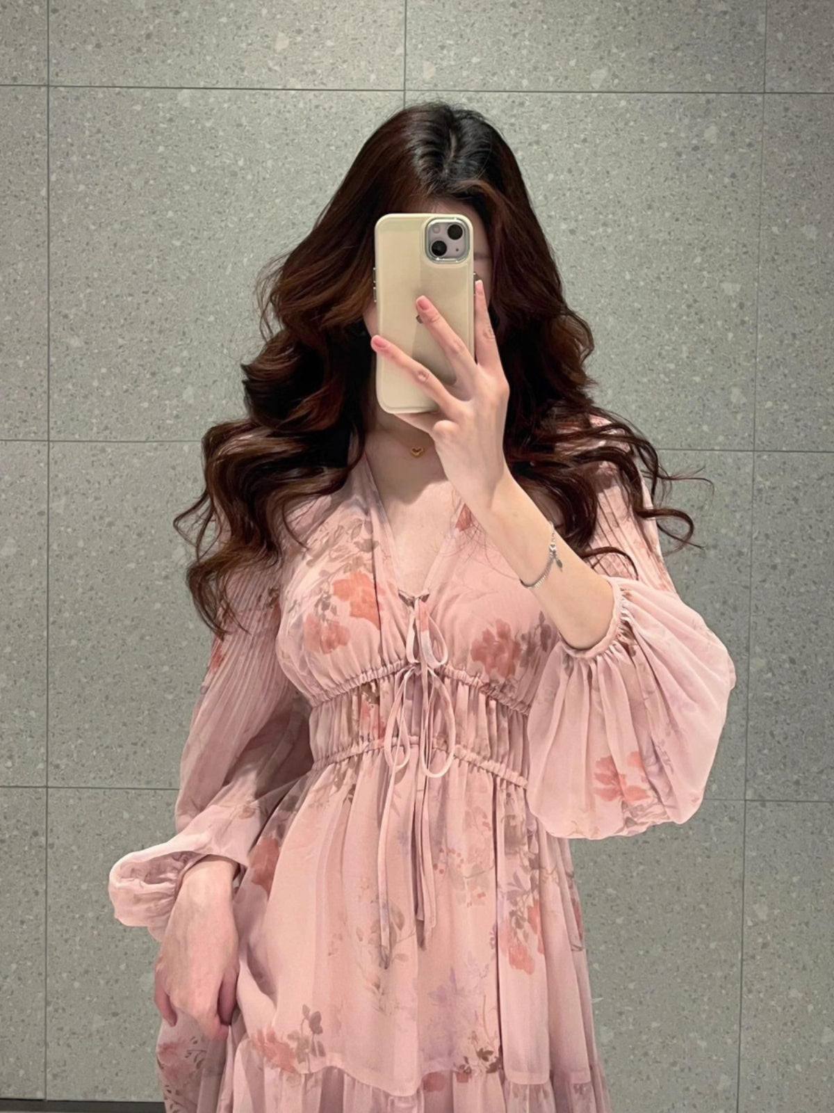 French Pink Long Sleeve Maxi Dress _ V-neck Fairycore Gown Gunne Sax Dress