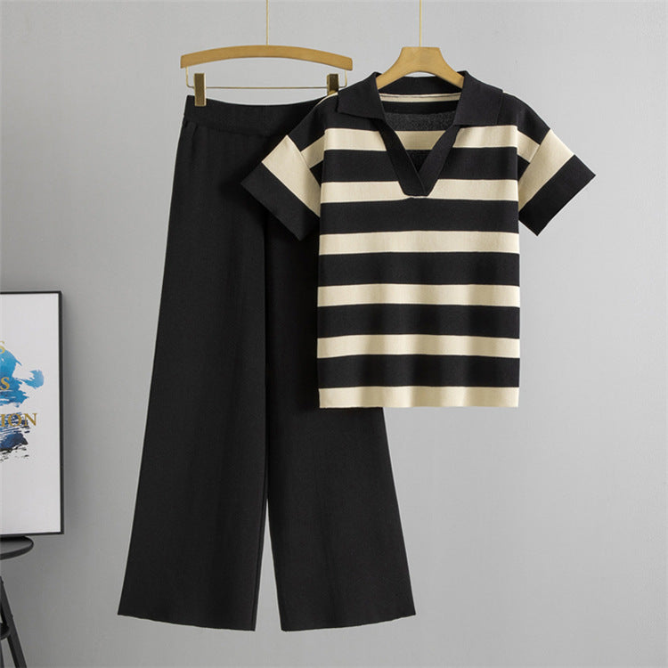 Black – V-neck Short Sleeve Striped Two Piece Set