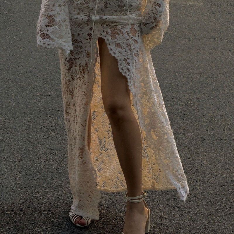 Garcelle Lace Lace-up Long Bell Sleeve Slit Midi Dress