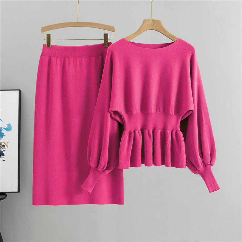 Rose Red - Long-sleeve Bodycon Skirt Two Piece Set