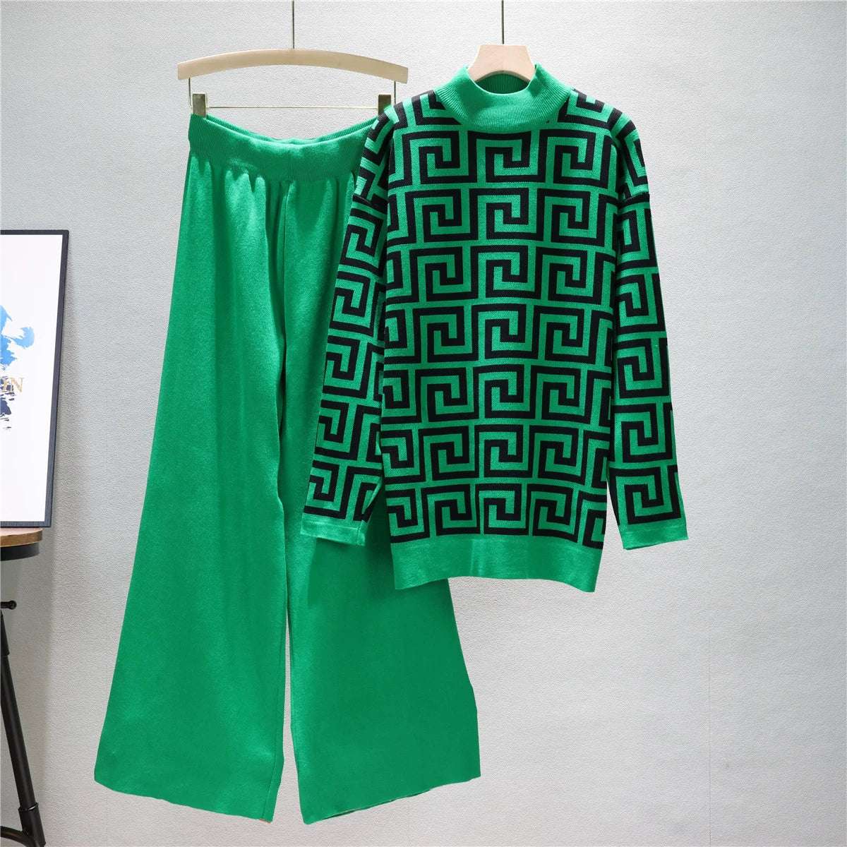 Green - Knitted Sweater & Wide-leg Pants Two Piece Set