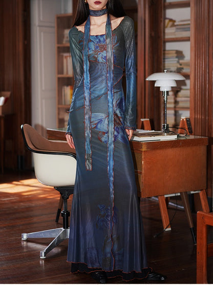 Off Shoulder Flower Printed Mesh Slim Maxi Dress