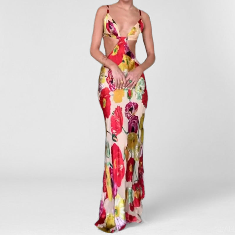Hawaiian Dreams Satin Print Cutout Backless Maxi Dress