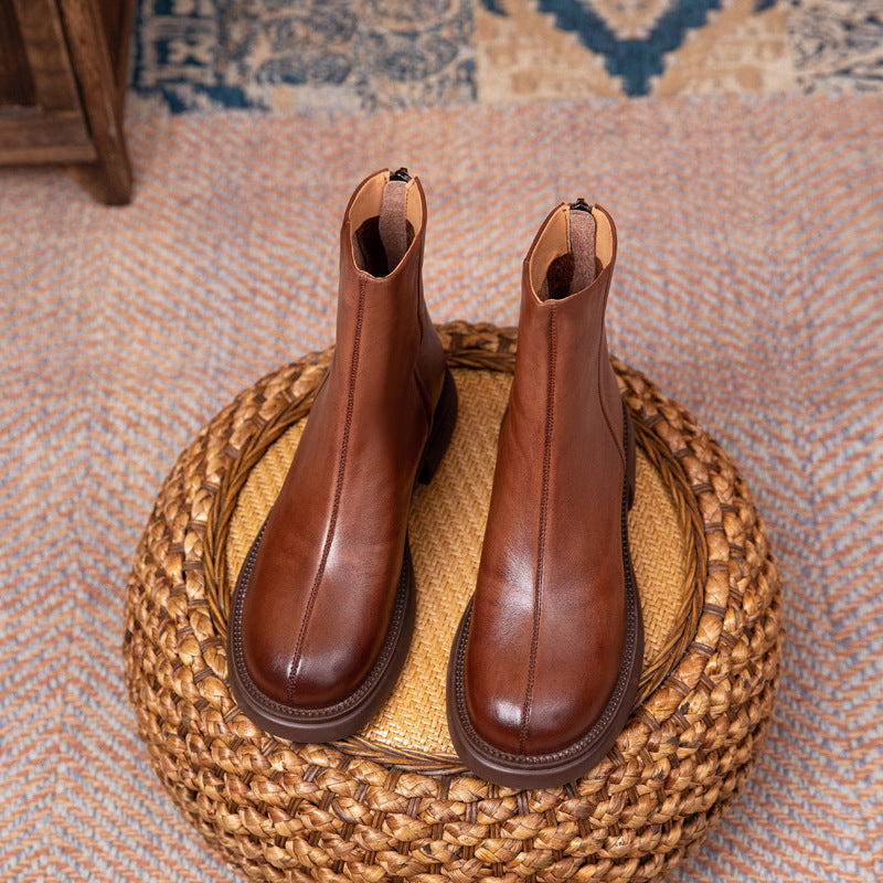 Layer Cowhide Autumn Flat Ankle Retro Boots