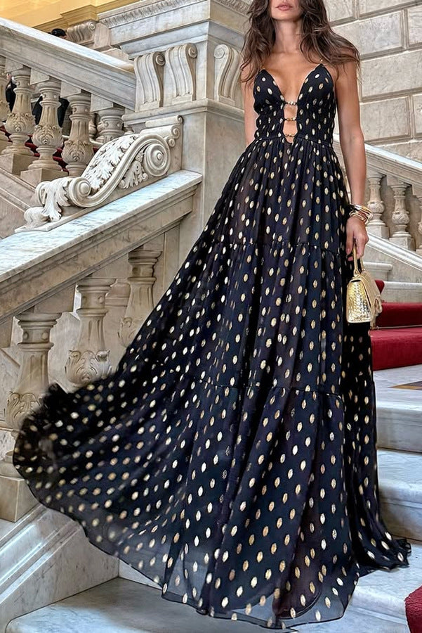 Party Charm Polka Dot Black Design Chiffon Gold Polka Dot Print Hollow Out Lightweight Long Skirt