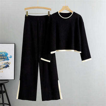 Black - Knitted Sweater Wide-leg Pants Two Piece Set