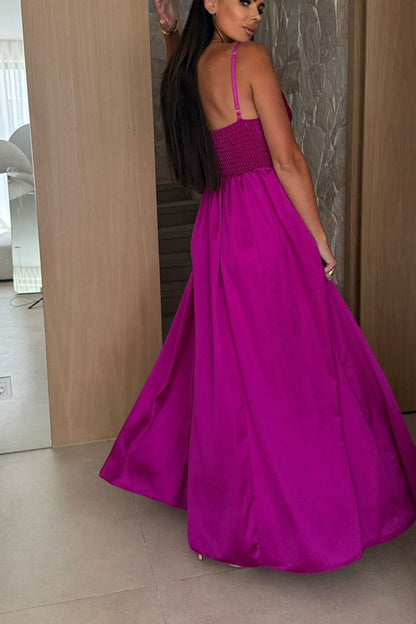 Color Suspender Back Pleated Slit Full Hem Maxi Dress