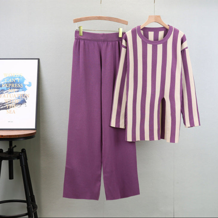 Purple - Striped Split Hem Two Piece Set