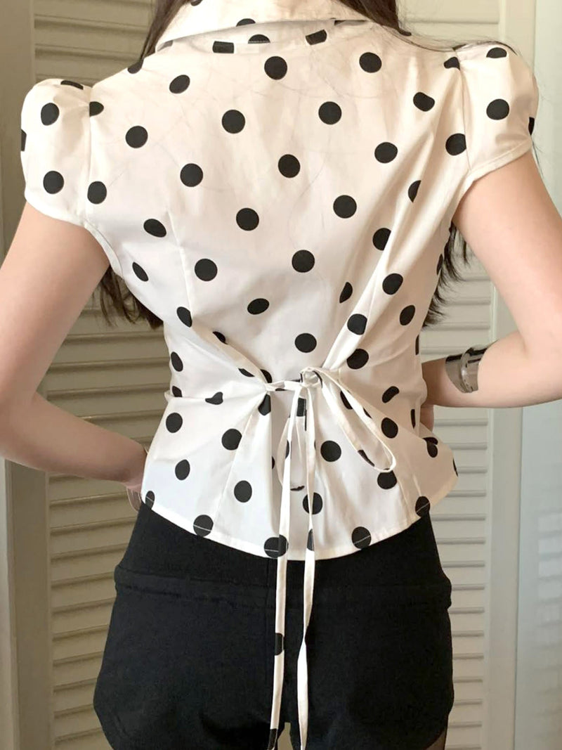 Polka Dot Print Short Sleeve Loose Versatile Blouse
