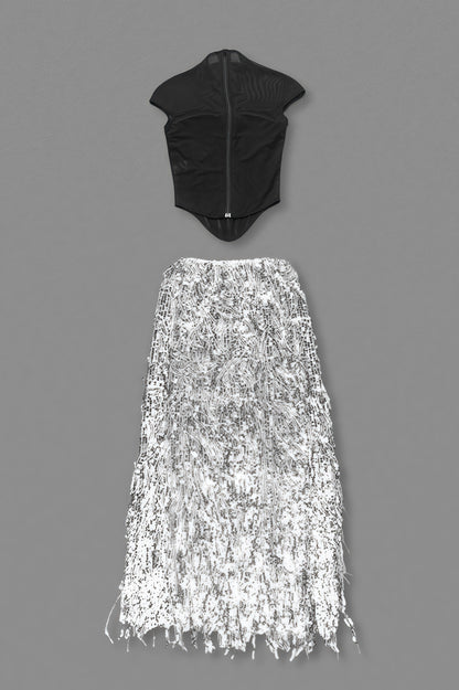 Xenia Fringe Beaded Maxi Dress Two Piece Set