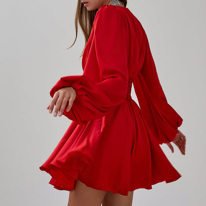 Ruched Puff Sleeve V Neck Waist Belt Satin a Line Mini Dress