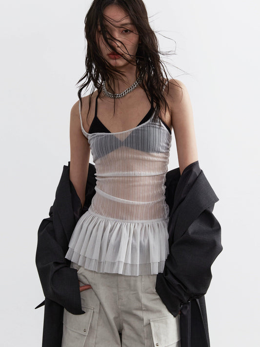 Jnylon Studio Sheer Pleated Corset Top - White Mesh Ruched Bustier With Tulle Skirt