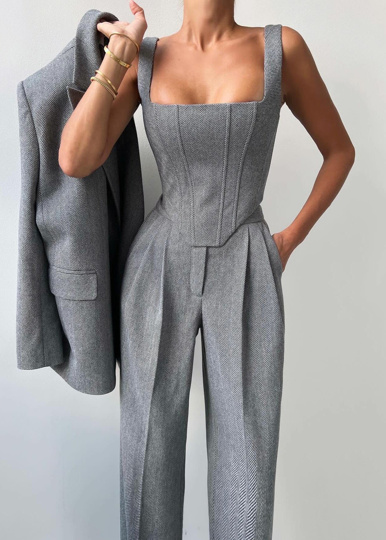 Charcoal Gray Corset Jumpsuit With Matching Blazer