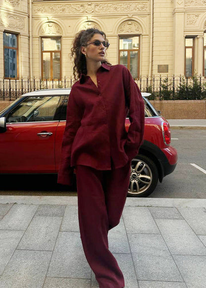 Merlot – Relaxed Cotton Shirt & Wide-leg Pants Set