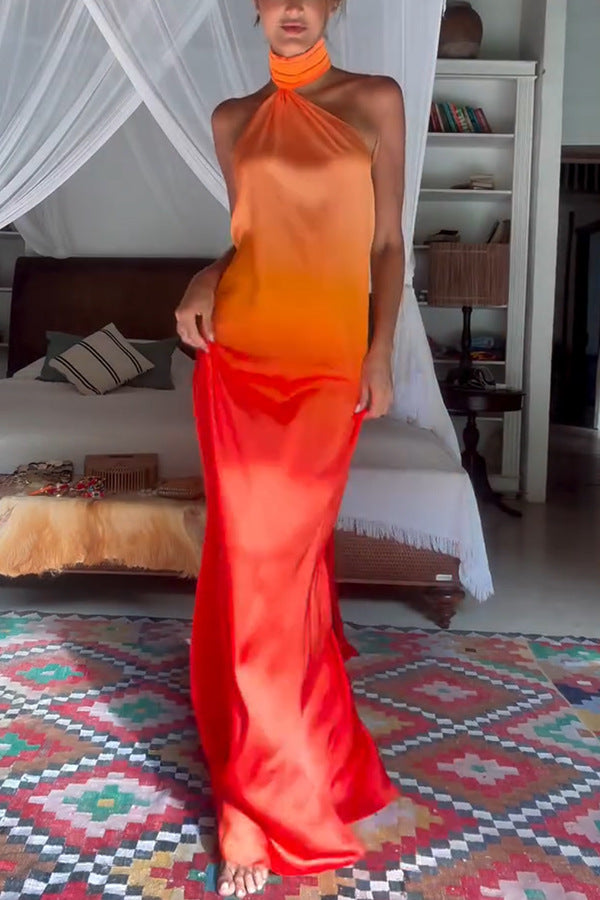Chase the Sun Gradient Print High Neck Backless Tie-up Maxi Dress
