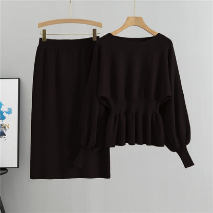 Black - Long-sleeve Bodycon Skirt Two Piece Set