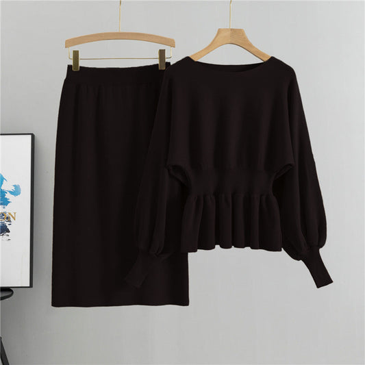 Black - Long-sleeve Bodycon Skirt Two Piece Set