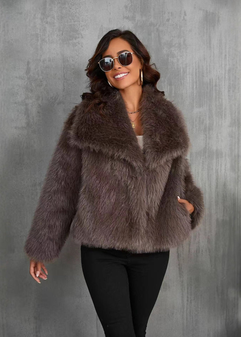 Amara Faux Fur Jacket – Soft Brown Short Coat With Wide Collar