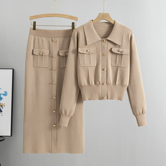 Knitted Slim-fit Two Piece Set - Khaki