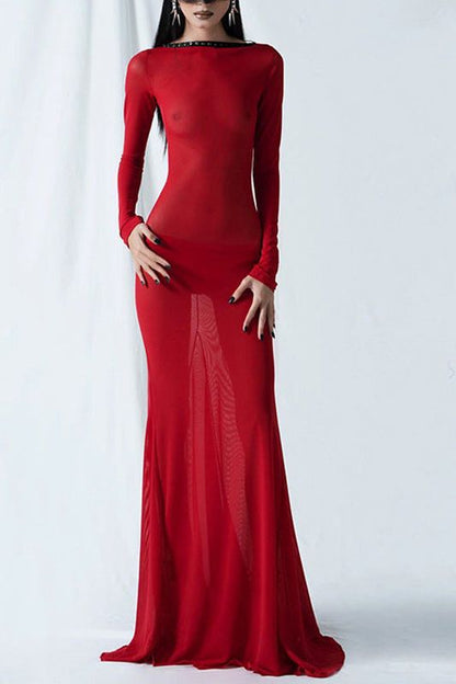 Backless Strappy Long-sleeved Extra-long Dress