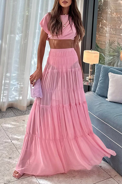Chiffon Elastic Waist Layered A-line Maxi Skirt