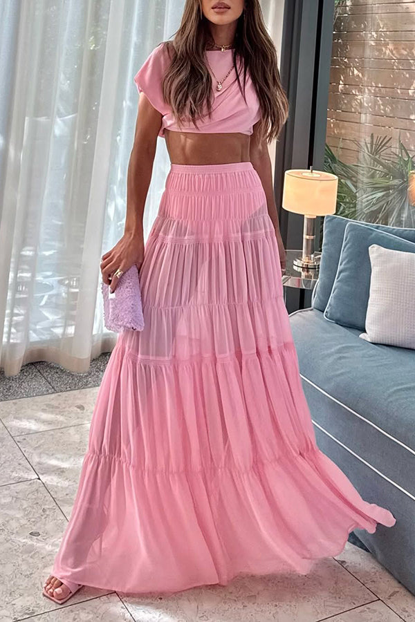 Chiffon Elastic Waist Layered A-line Maxi Skirt