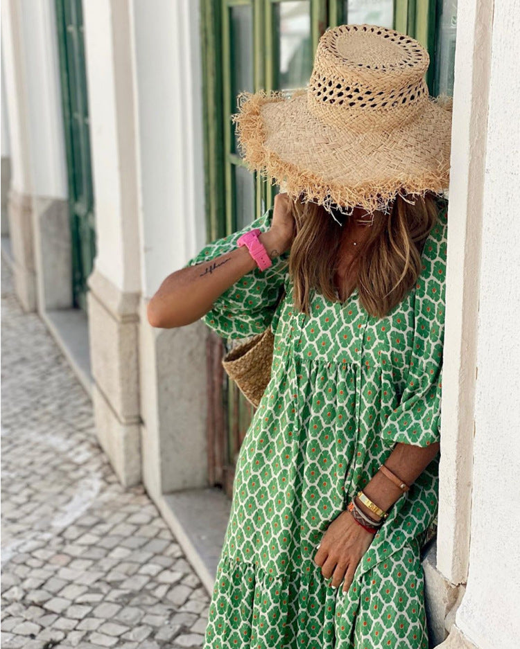 Fashionable Street Picnic Bubble Sleeve Layered Party Midi Dress