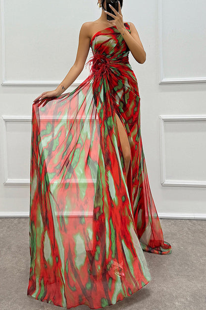 Fairy Watercolor Design Printed Feather Rose Details Off Shoulder Folded Open Skirt