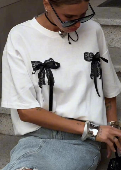 Lace Bow Embellished Oversized T-shirt
