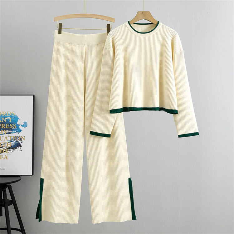 Apricot - Knitted Sweater Wide-leg Pants Two Piece Set