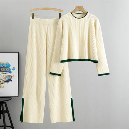 Apricot - Knitted Sweater Wide-leg Pants Two Piece Set