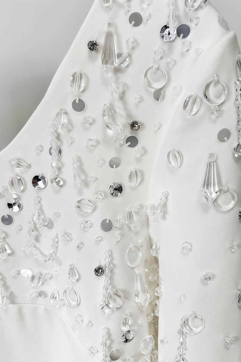 Owenfe White Beaded Diamond Mini Dress